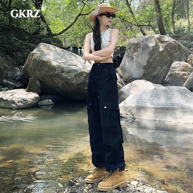 夏天速干黑色工装裤女夏季薄款2024新款女款小个子宽松直筒登山裤