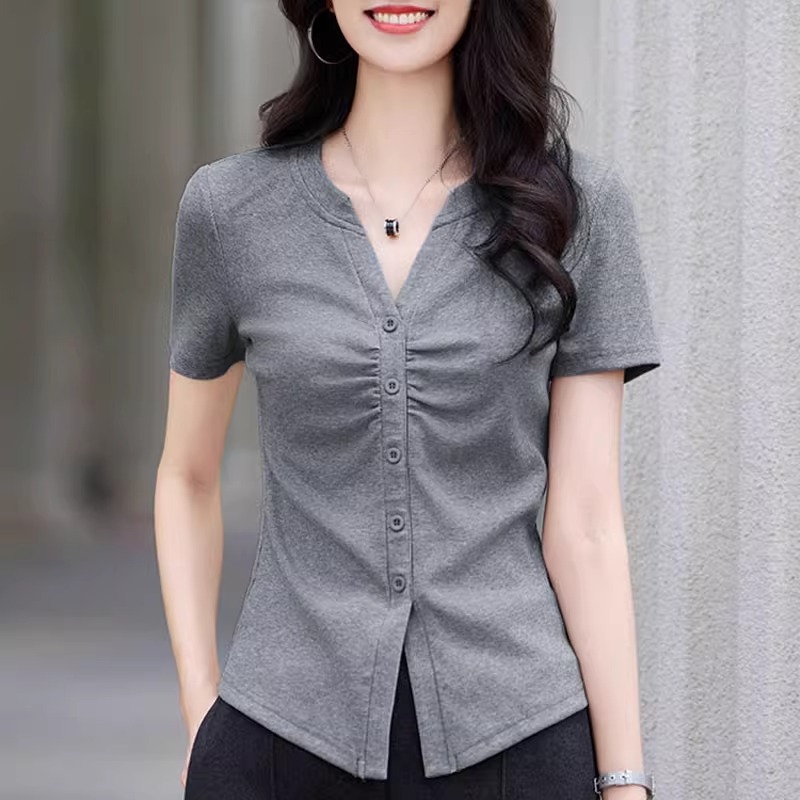V领正肩t恤polo领短袖女2025年夏季新款收腰褶皱显瘦纽扣灰色上衣