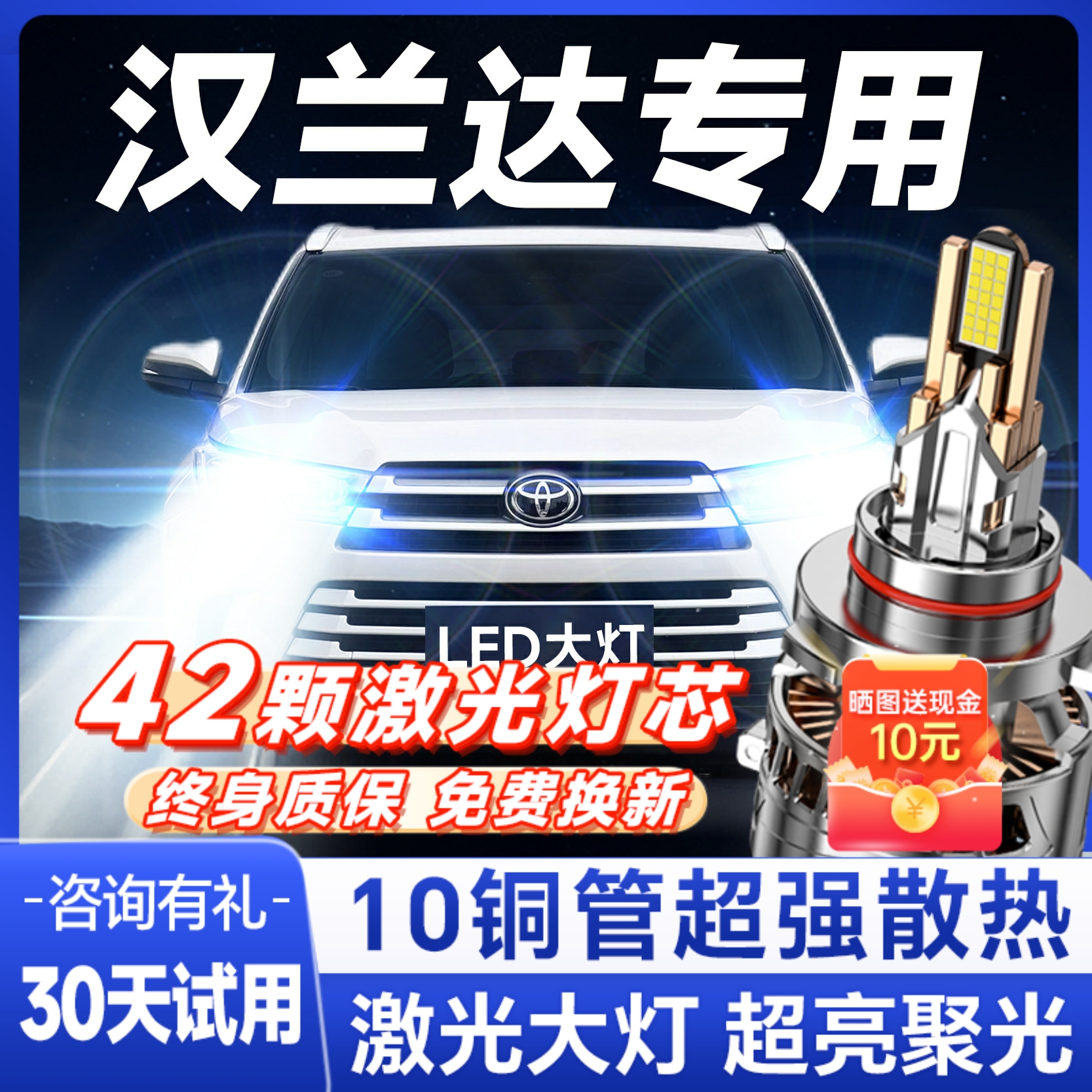 适用09-21款汉兰达led大灯改装17近光远光15车灯18雾灯激光灯泡12