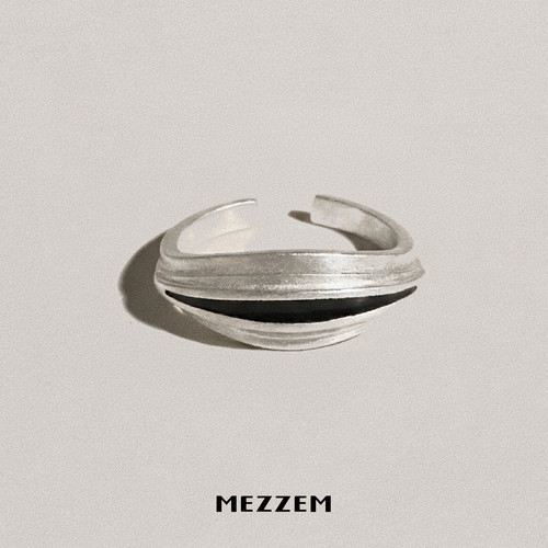 MEZZEM 黑色摩登菱形条纹时尚戒指银开口前卫小众中性潮流高级感