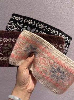 ins秋冬女新款法式提花针织雪花发带宽边弹力束发带外戴毛线发箍