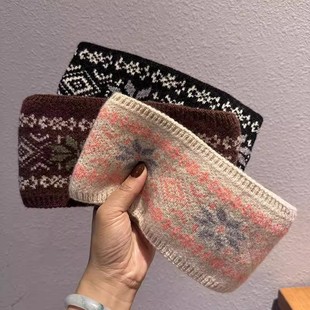 ins秋冬女新款法式提花针织雪花发带宽边弹力束发带外戴毛线发箍