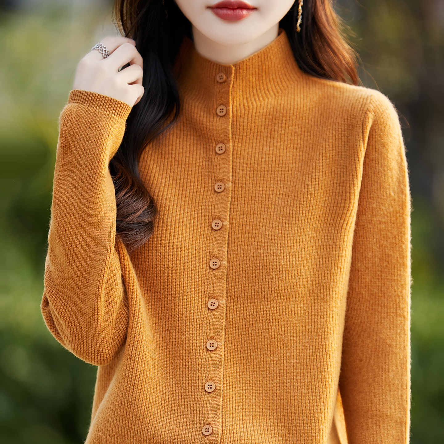 秋冬新款100纯羊毛纯色立领时尚百搭针织开衫上衣女