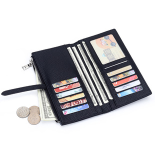 头层牛皮长款女士钱包2024新款时尚拼色抽带对折钱夹大容量多卡位