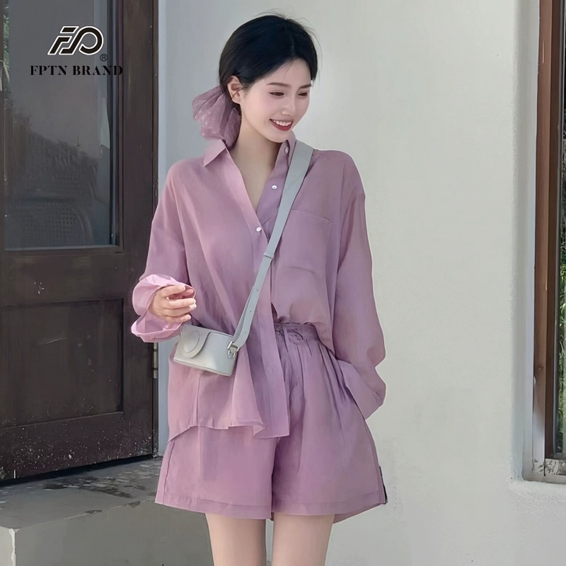 时尚休闲防晒套装夏季女网红长袖衬衫短裤微胖减龄显瘦遮肉两件套