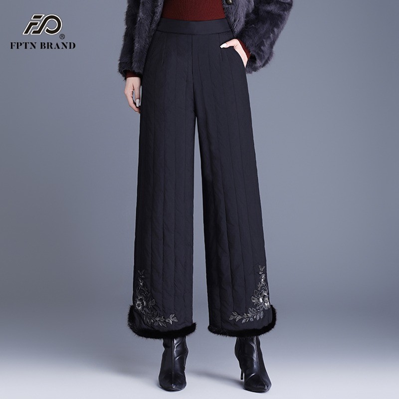 夹棉加厚保暖羽绒棉裤女冬季2025新款外穿绣花阔腿裤直筒休闲裤子