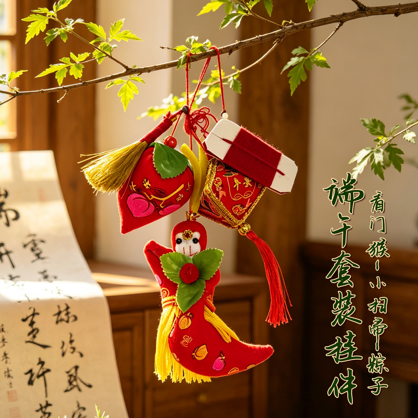 端午节猴子看门猴挂件桃子五月节小扫把门猴挂饰长命缕香囊粽子