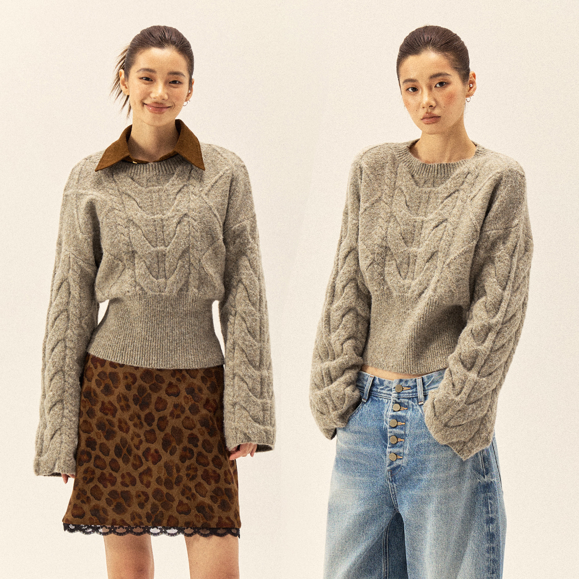 Gowireless 杂灰 定纺纹路 定位直筒袖收腰茶麻花套头毛衣针织衫