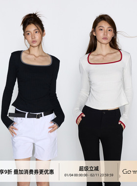 Gowireless 撞色方领倒褶弧形下摆长袖基础打底T恤