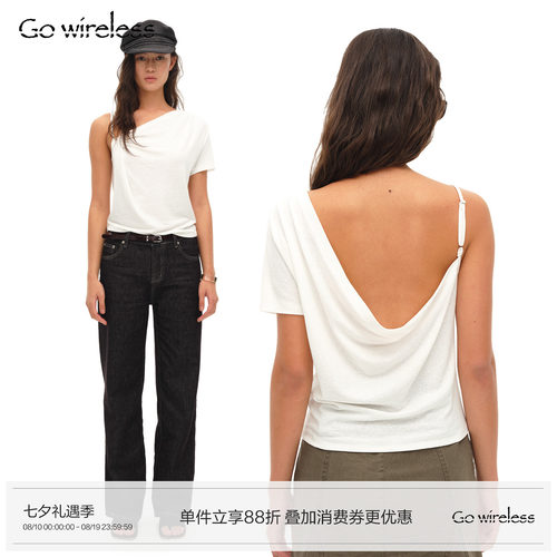 Gowireless “别出心裁”天丝亚麻 荡领露背不对称 短袖T恤微宽松