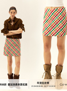 Gowireless 彩色格纹复古设计羊毛混纺直筒A字半身短裙