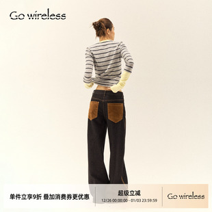 拉线中腰原牛棕色麂皮拼接阔腿牛仔裤 风逸 201型 Gowireless