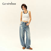 Gowireless 赤牛雪花复古洗水排扣廓形宽松弯刀阔腿中腰牛仔长裤