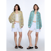 衬衫 Gowireless 100%苎麻色织格子廓形宽肩防晒长袖