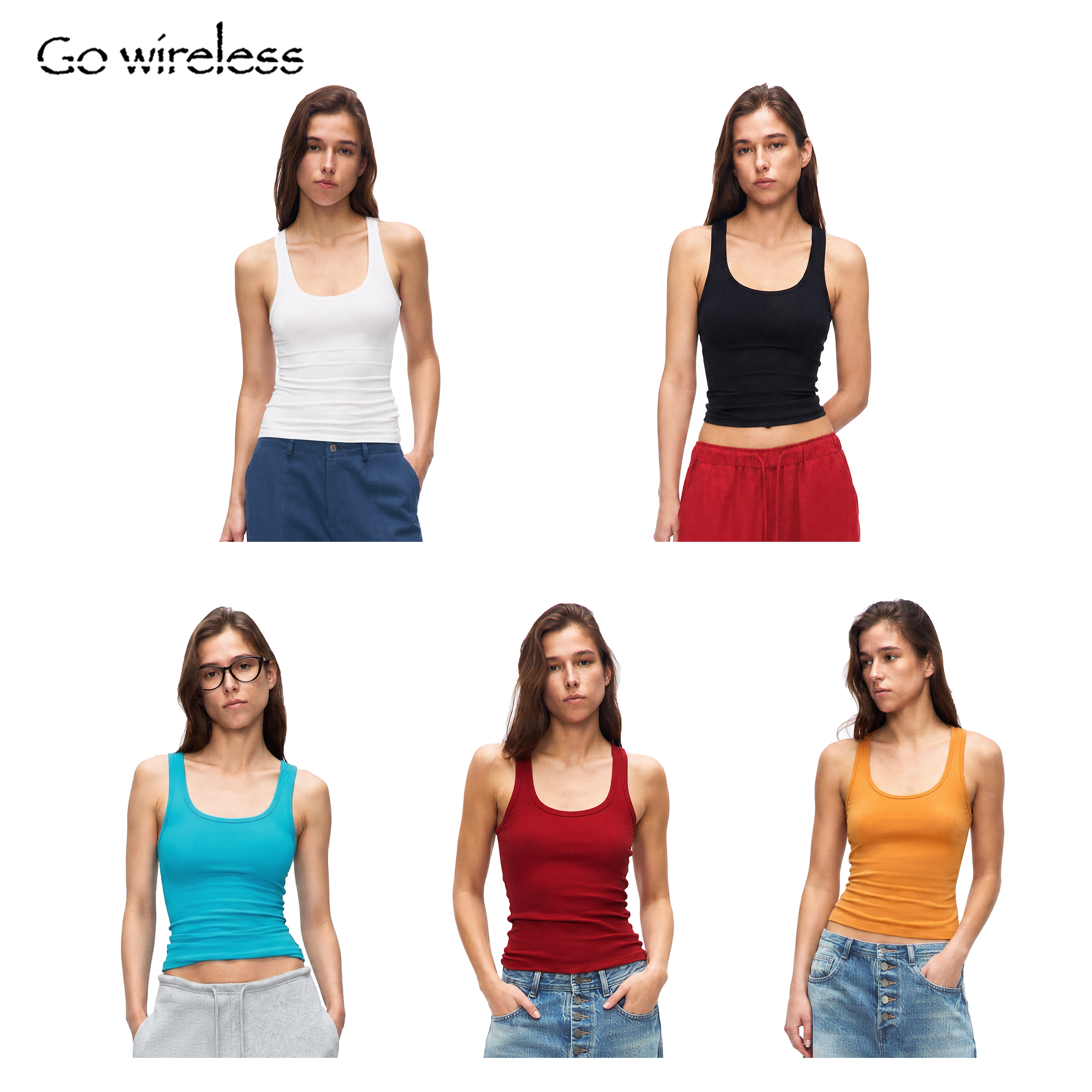 Gowireless 夏季基础修身打底多色小坑条U领紧身包裹感背心上衣