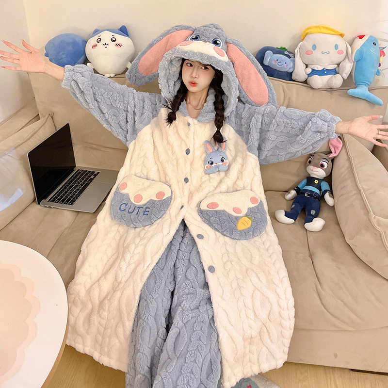 睡衣女秋冬季加绒加厚睡