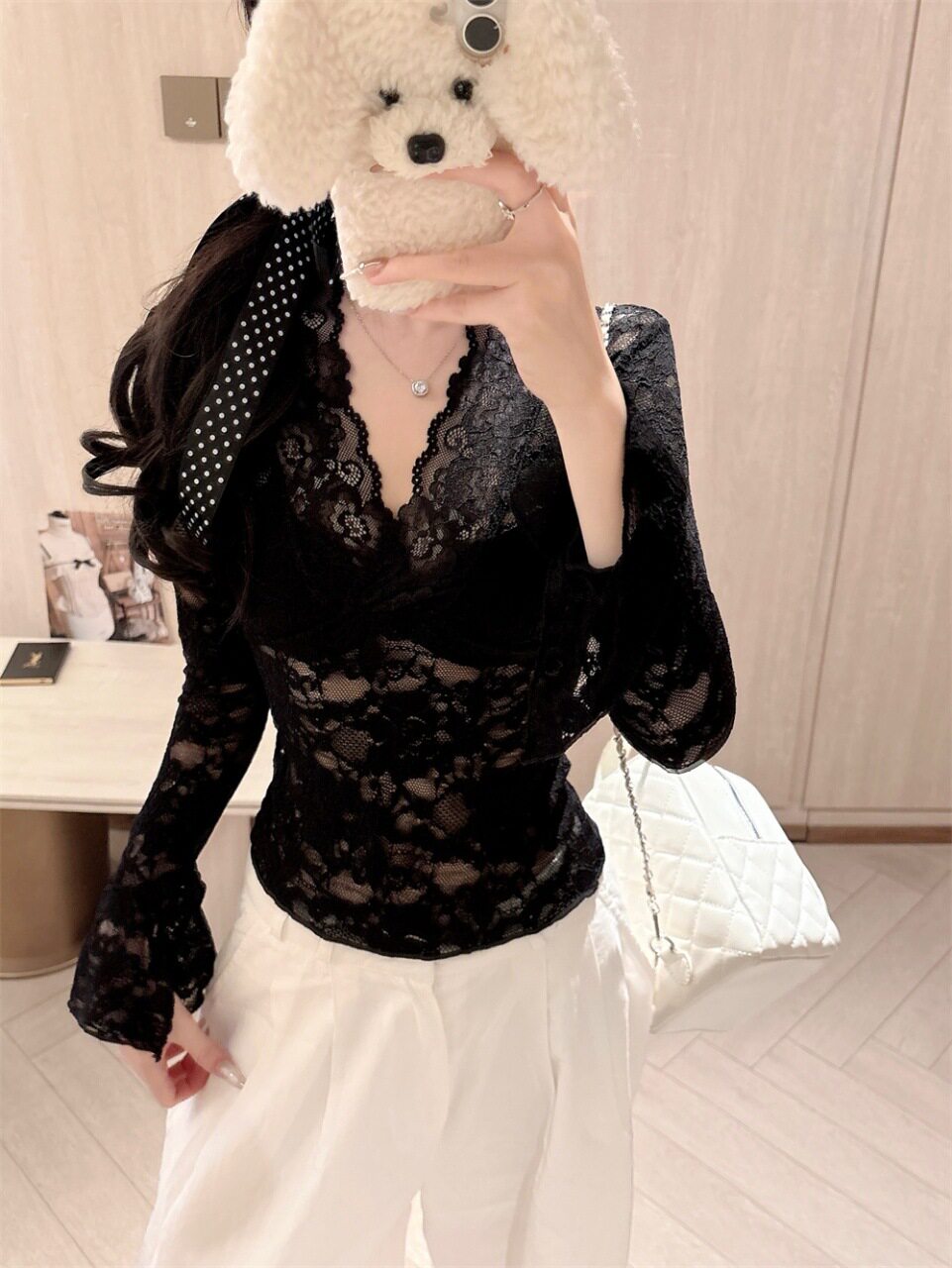 5265#夏季新款纯欲风蕾丝花边拼接V领长袖T恤女修身显瘦短款上衣