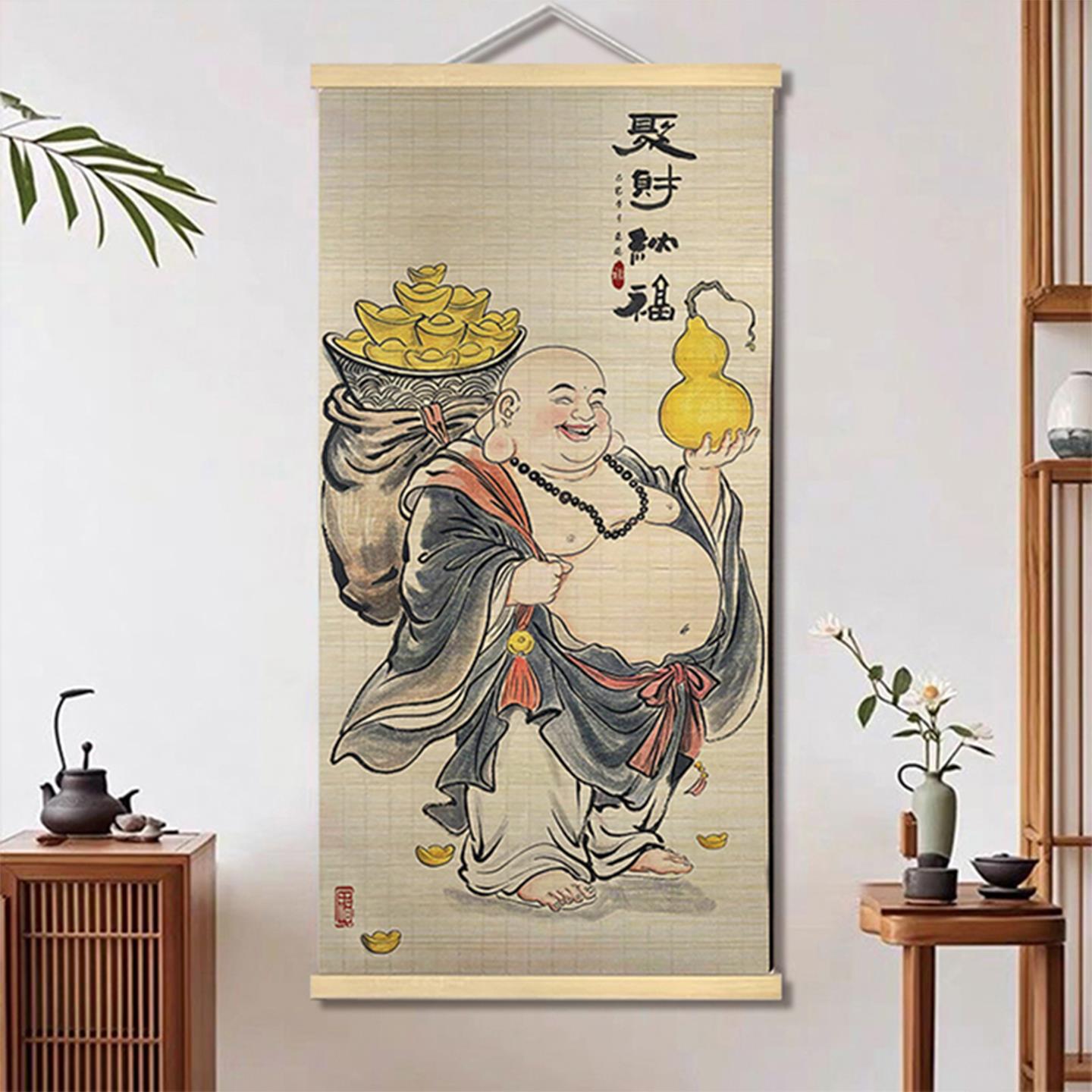 聚财风水画达摩钟馗竹挂画新中式入户玄关茶室竹帘挂画佛堂装饰画
