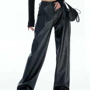 宽松加长拖地长裤 阔腿皮裤 高腰显瘦休闲直筒裤 时尚 女秋冬2024新款