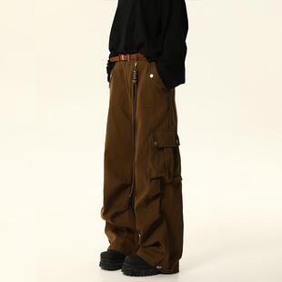 男女褶皱设计宽松拖地休闲裤 裤 复古美拉德深棕色工装 野生阿子美式