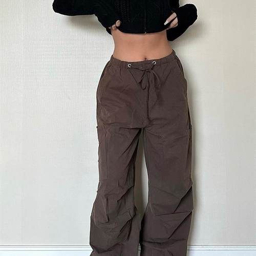 AOOAO 欧美辣妹复古街头休闲松紧抽绳褶皱直筒宽松口袋工装裤