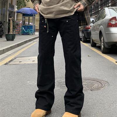 麻饭同学 复古cleanfit伐木裤男女美式水洗修身直筒工装牛仔长裤