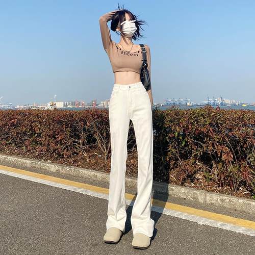 MNVZ美式白色微喇叭牛仔裤女秋冬季新款高腰弹力修身显高显瘦裤子