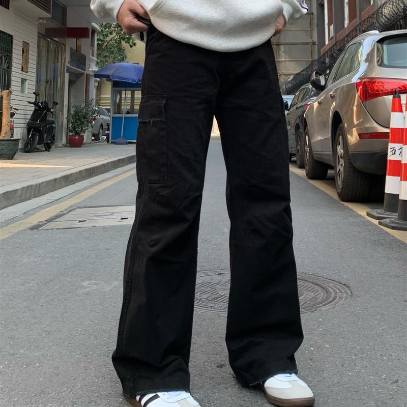 麻饭同学 美式做旧水洗vintage复古破坏直筒宽松大口袋工装裤男女