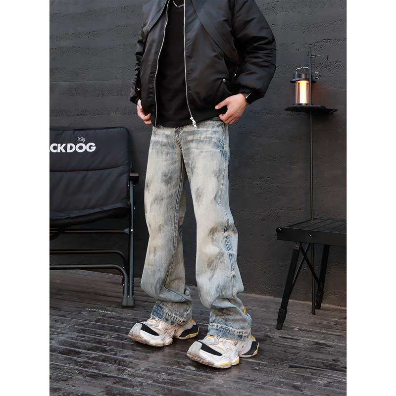 JDKZ美式复古水洗做旧废土风泼墨牛仔裤男街头直筒宽松休闲百搭裤