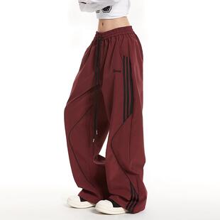RESUMM红色工装裤女美式复古条纹运动裤潮牌爵士舞hiphop直筒裤子
