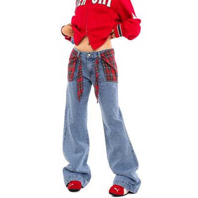 0123Start 假两件红色格子(可拆)美式复古牛仔裤男女宽松直筒裤潮