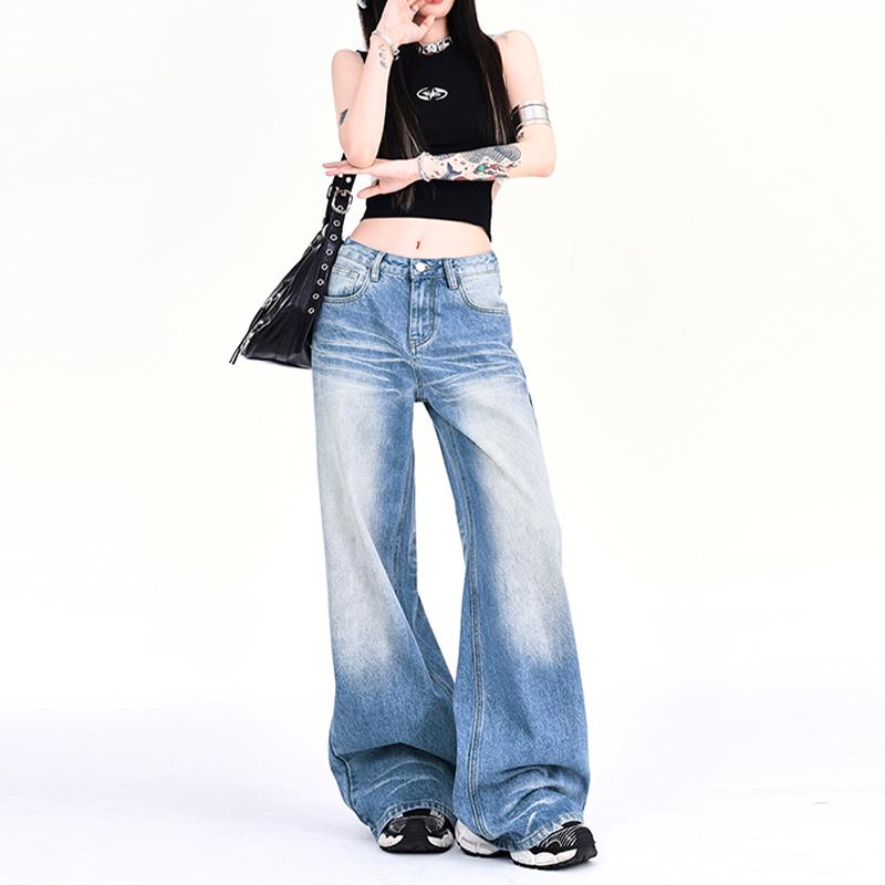 LGKG夏季新款美式折痕做旧水洗牛仔裤拖地高腰宽松直筒阔腿休闲感