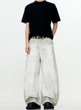 Verborgen美式复古脏白色香蕉弯刀牛仔裤潮牌男宽松阔腿水洗做旧