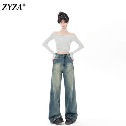 ZYZA美式做旧磨白阔腿加绒牛仔裤女秋冬2024新款设计感裤子拖地裤