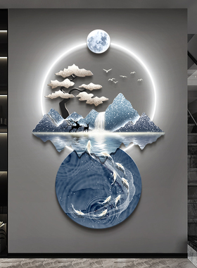 流水生财现代轻奢玄关装饰画山水九鱼图走廊过道入户正对门挂画灯