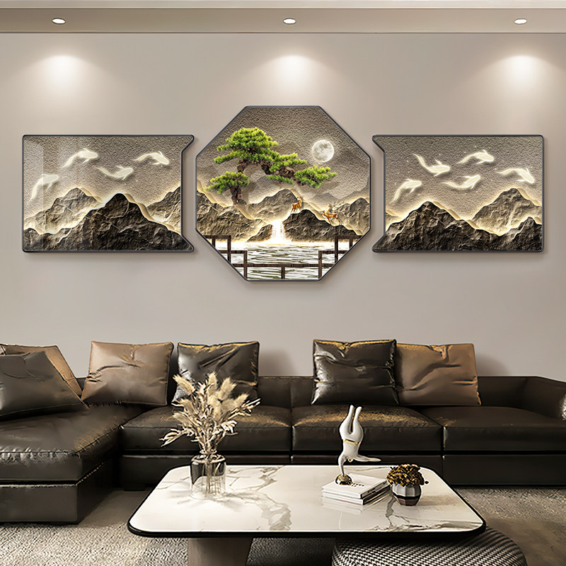 新中式客厅装饰鱼图高档大气三联壁背有靠山沙发背景墙挂,家居饰品,现代装饰画,淘宝优惠券,粉丝福利购,淘宝优惠卷