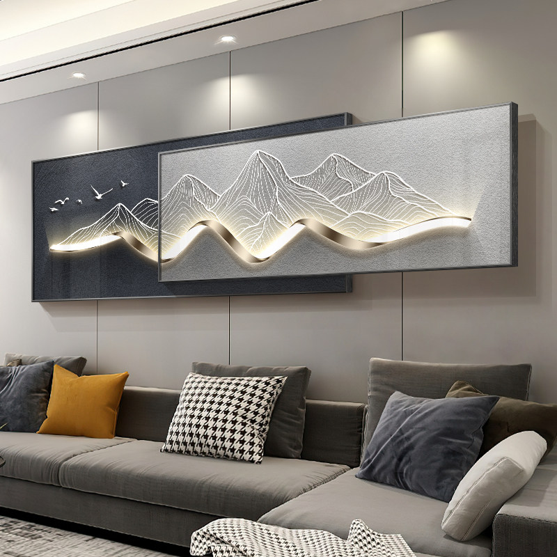 现代轻奢客厅装饰画 画背有靠山叠加山水墙壁画 画高级感沙发背景
