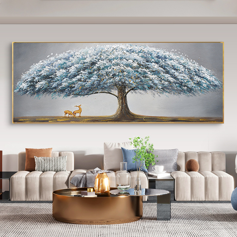 客厅装饰画纯手绘油画沙发背景墙轻奢挂画厚肌理立体发财树好寓意图片