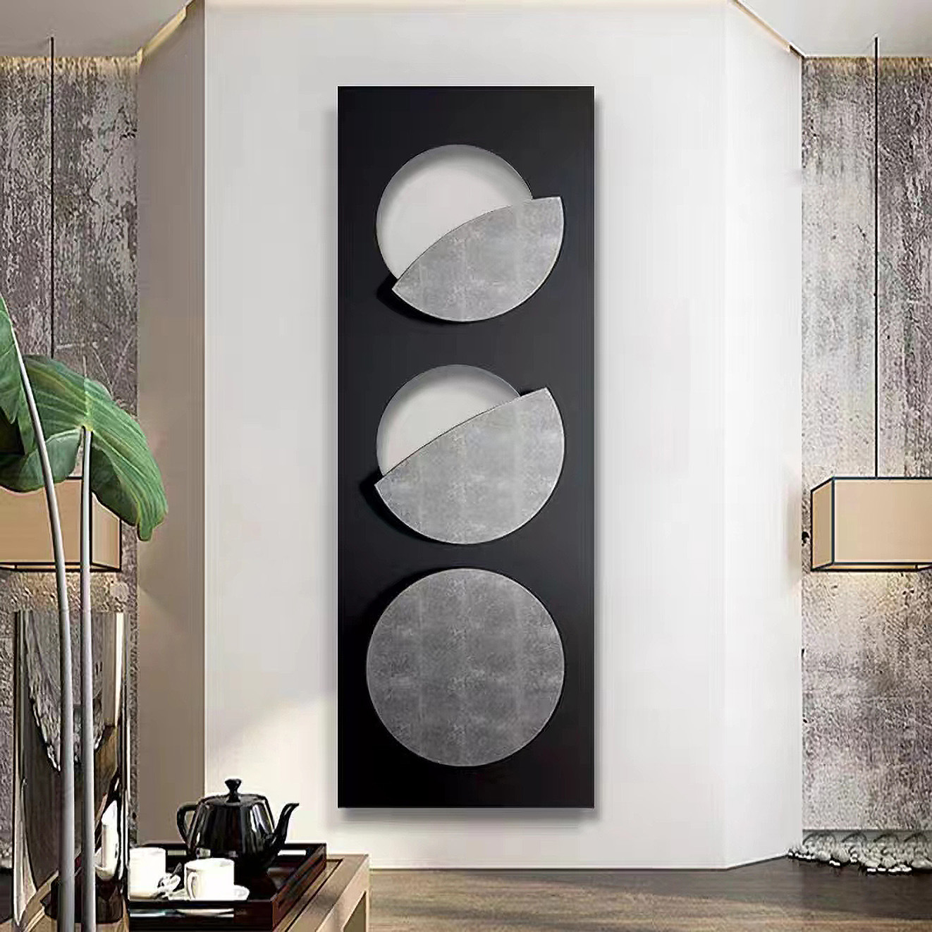 现代轻奢高档竖版月亮装饰画入户玄关客厅走廊3d立体黑色简约挂画