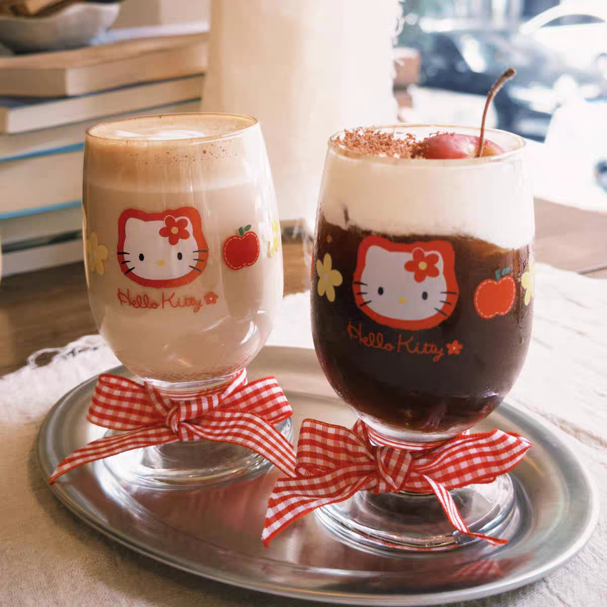 可爱苹果hellokitty凯蒂猫中古矮脚玻璃杯高颜值喝水杯手握杯酒杯