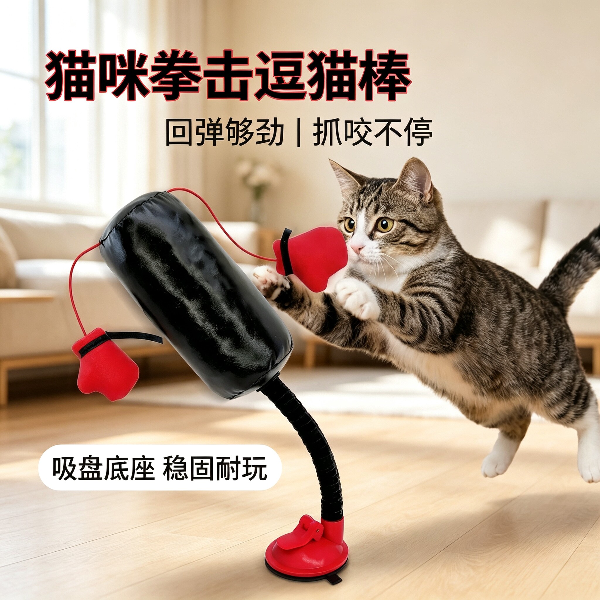 猫咪拳击手套趣味逗猫玩具猫咪自嗨解闷沙袋吸盘立柱宠物互动游戏