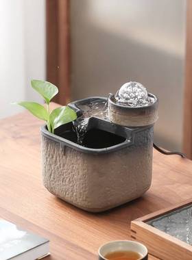 家居陶瓷流水摆件招财小喷泉室内水晶球转珠装饰水景观简约送礼品