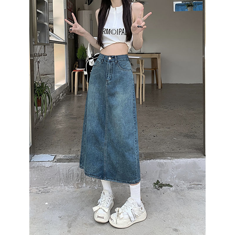 中长款长裙复古开叉牛仔