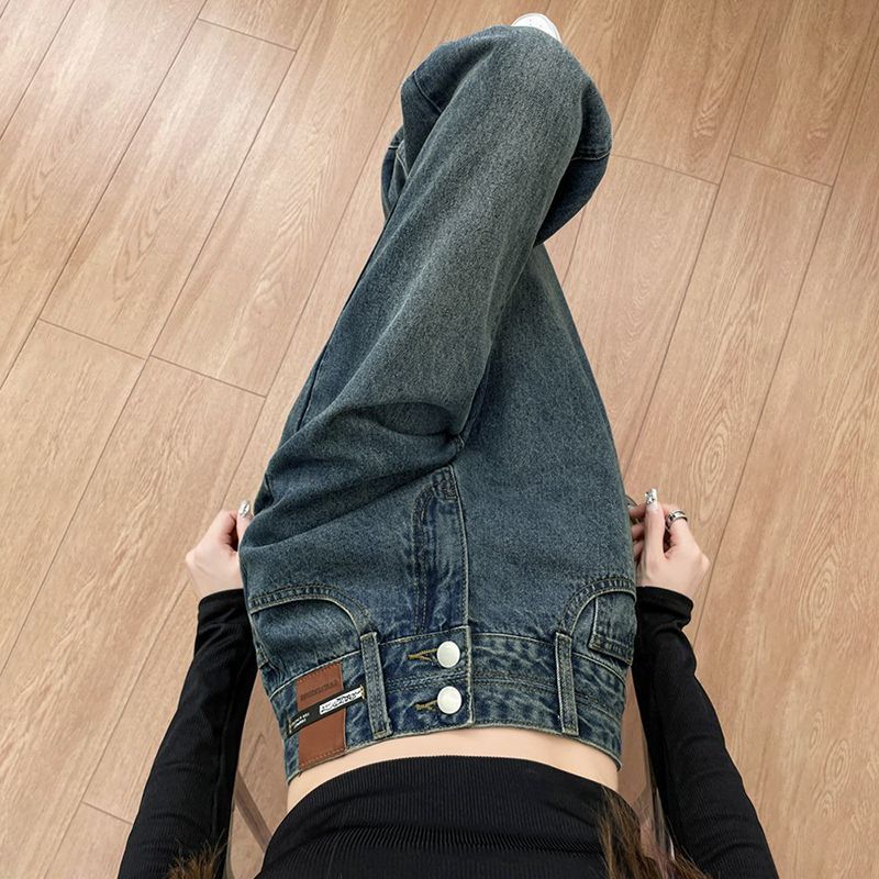 复古双排扣牛仔裤女春季