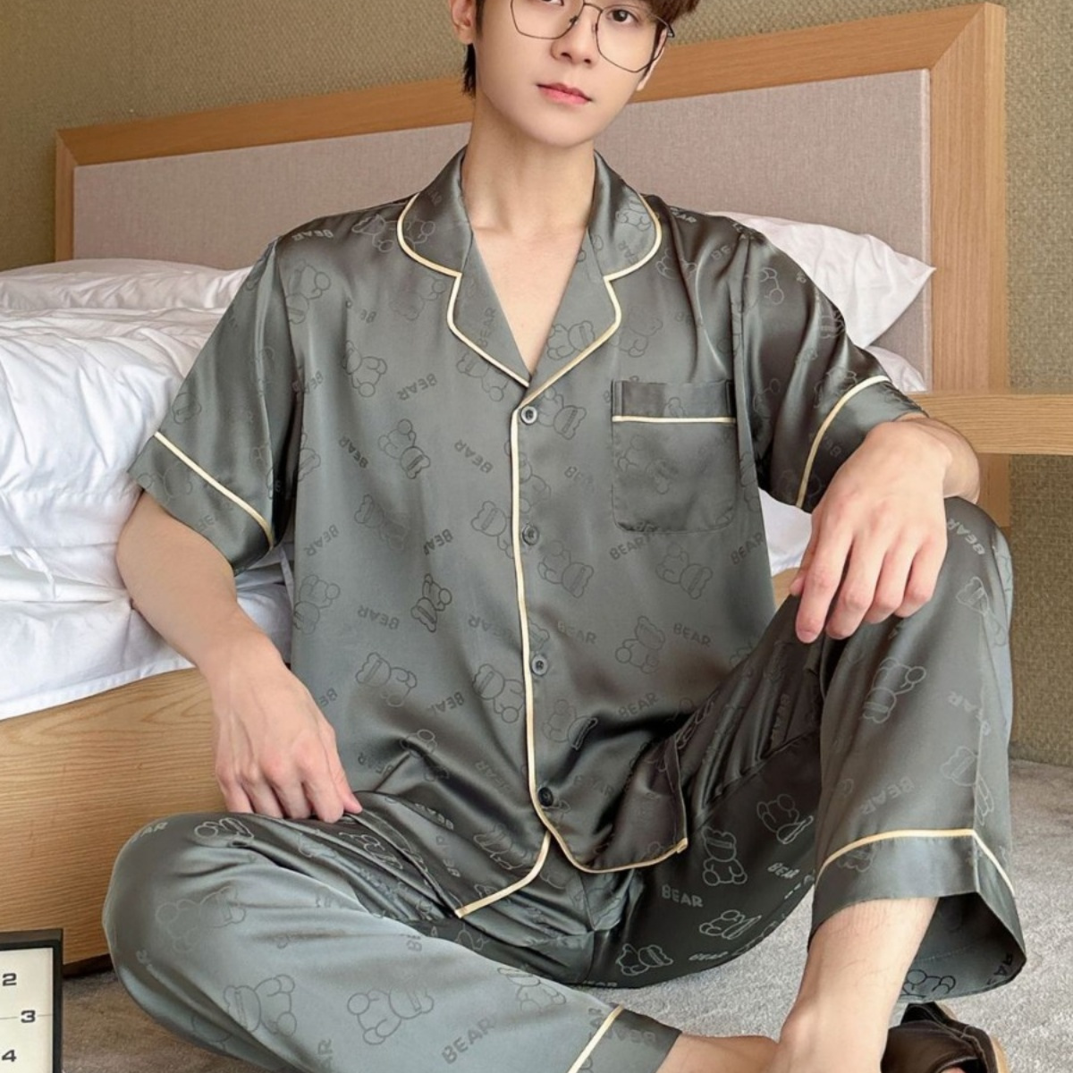 维多利亚桑蚕丝男士睡衣短袖开衫