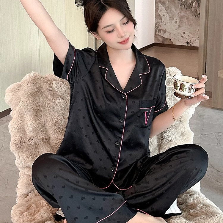 维多利亚真丝睡衣女爱心撞色套装
