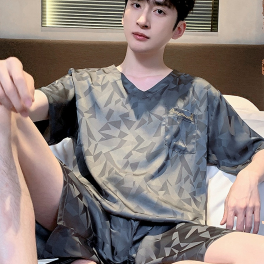 维多利亚真丝睡衣薄款男短袖短裤