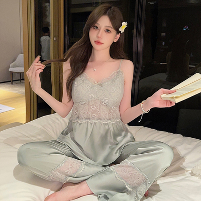 维多利亚真丝睡衣女吊带长裤套装