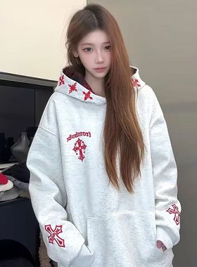美式休闲风连帽卫衣女加绒加厚宽松十字架刺绣长袖上衣情侣款