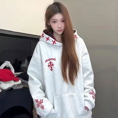 美式休闲风连帽卫衣女加绒加厚宽松十字架刺绣长袖上衣情侣款
